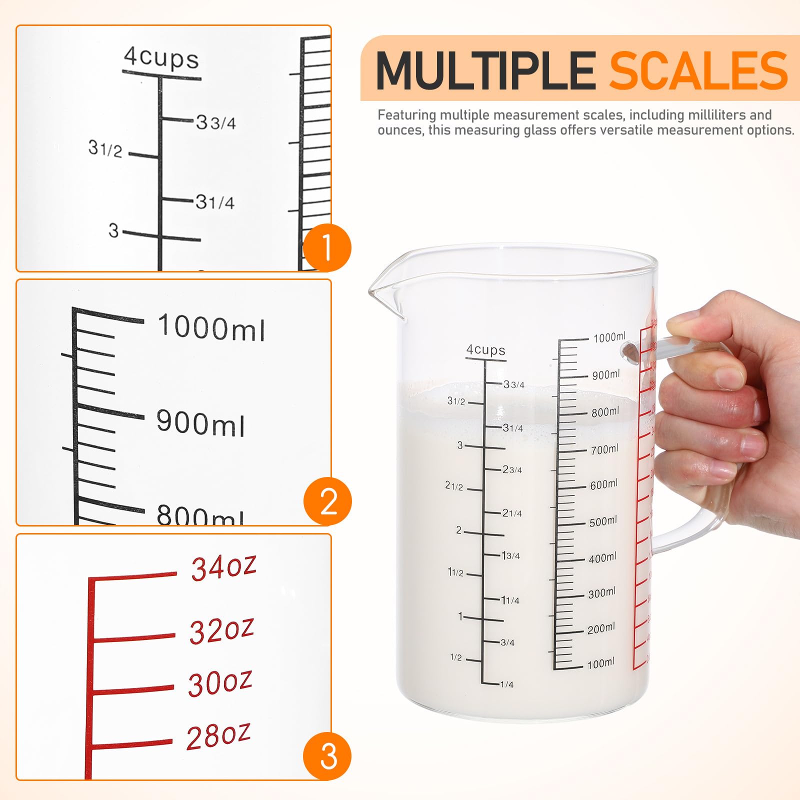 STOBAZA Taza Medidora de Vidrio de 1000 Ml con Asa, Vaso Graduado Multifuncional con Cuatro Escalas (ml, Onzas, Tazas), Resistente Vidrio de Borosilicato, Adecuado para Repostería y