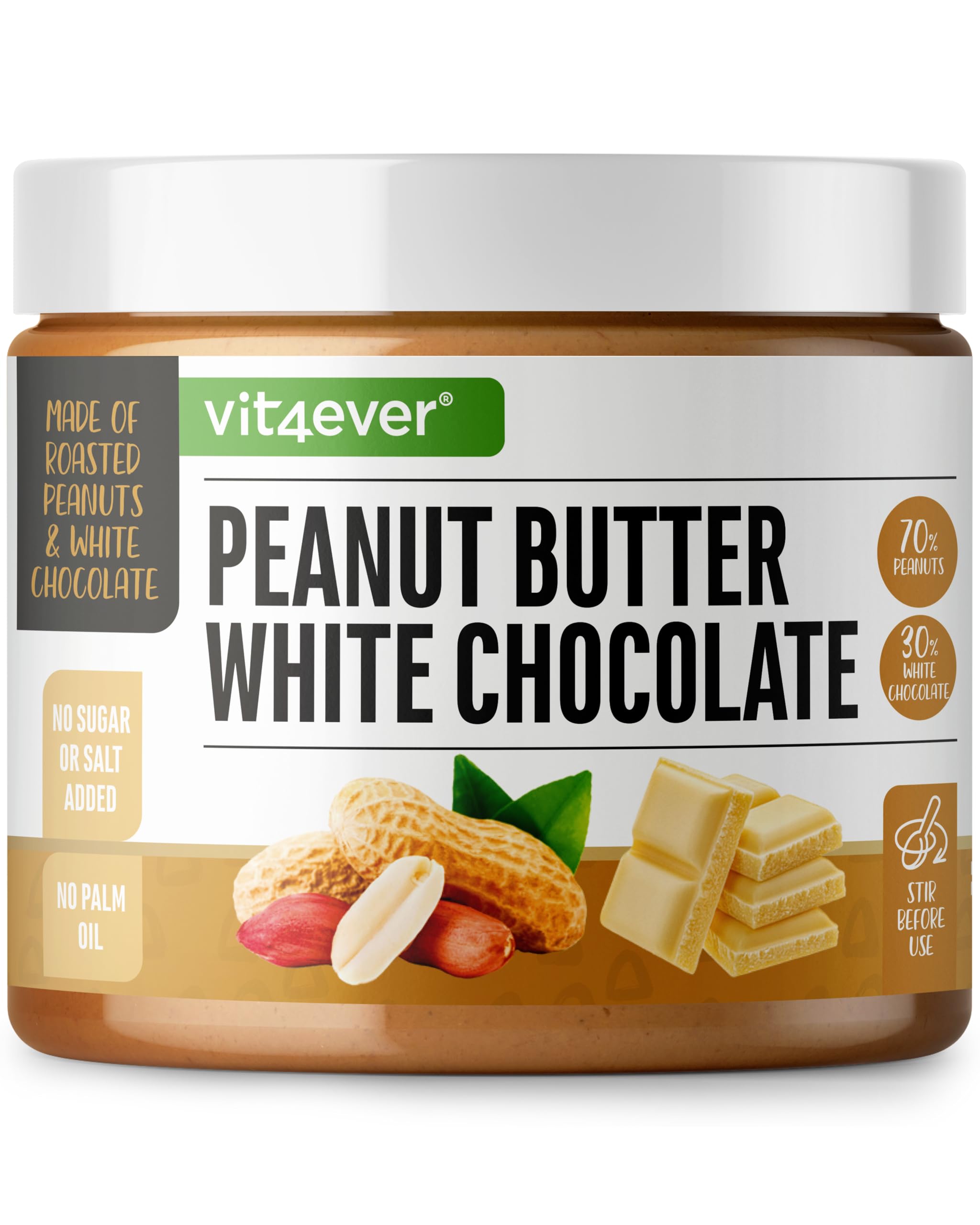 vit4ever Erdnussbutter mit weißer Schokolade - 500 g Erdnusscreme White Chocolate mit 70% Erdnüssen - Erdnussmus Smooth Cremig - Vegetarisch