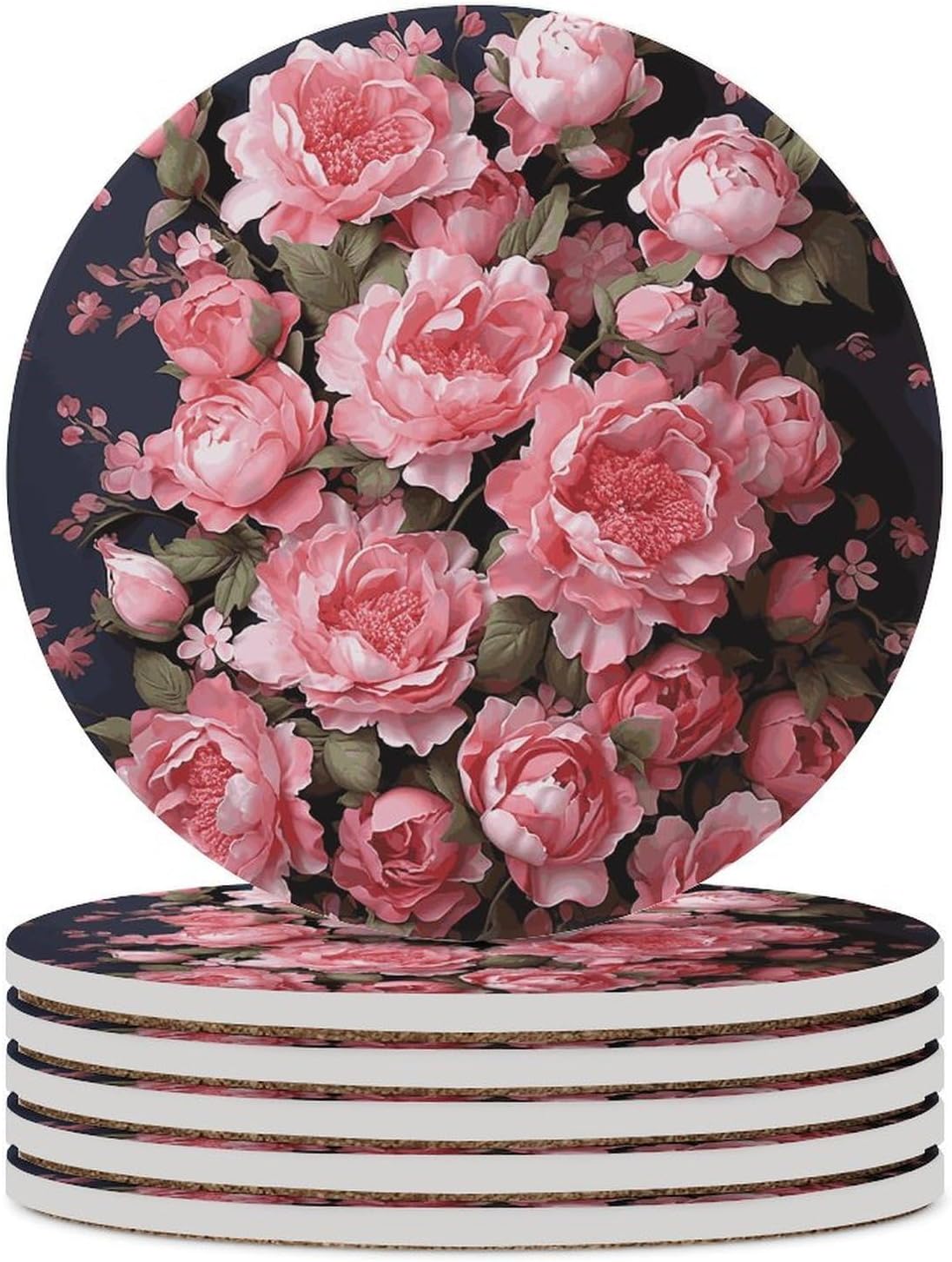 Peony Flowers Coasters Round Coasters Set Ceramic Stone Coaster with Cork Base Coffee Cup Beverage Cup Mat Cute Funny Table Drinks Coaster for Mugs and Cups Office Kitchen
