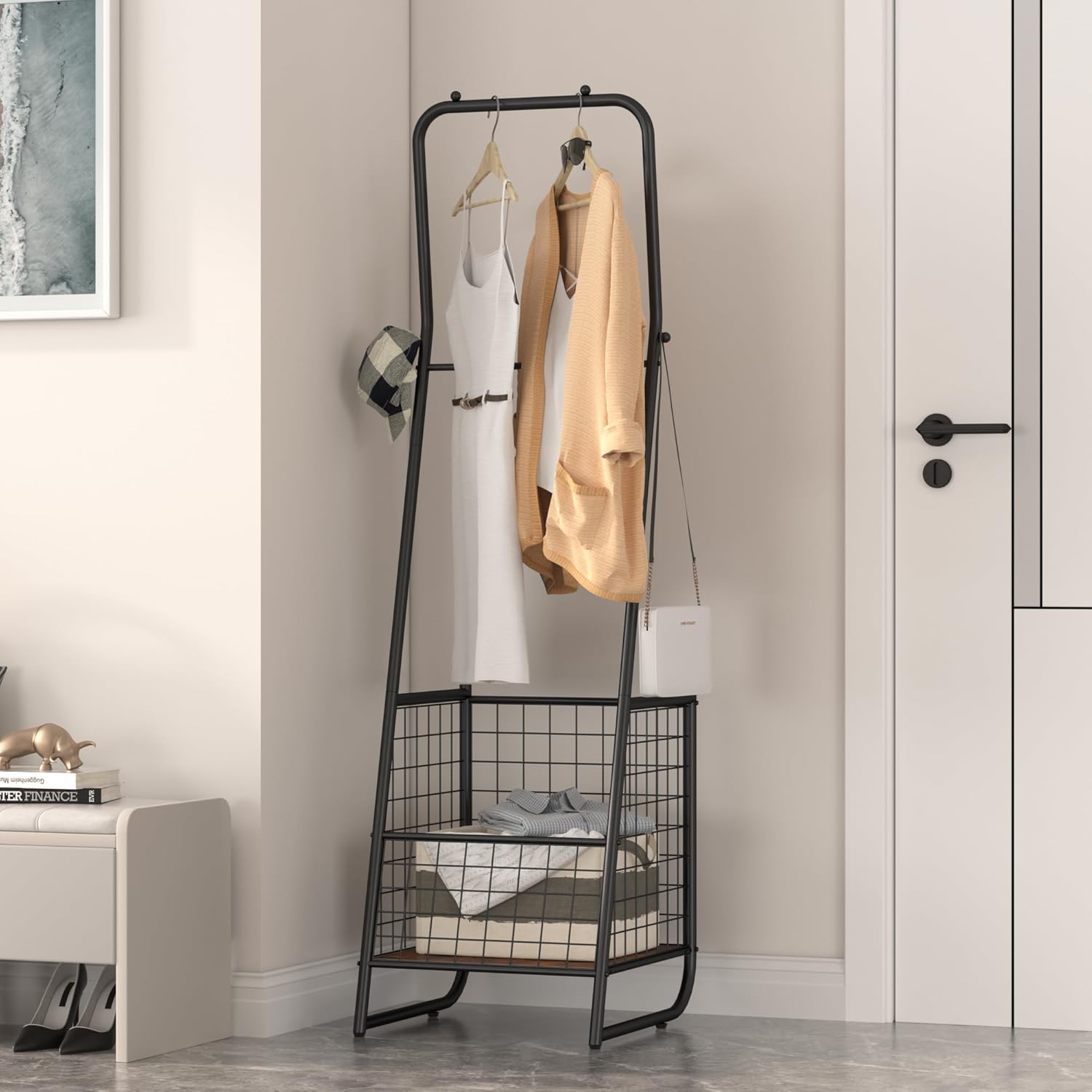 VECELO Metal Coat Rack Stand with Anti-Drop Design, Space Saving Hall Trees with Steel Basket,Small Garment Organizer with 2 Handy Cloth Rails and Slipper Space, Rectangle, Rustic Brown