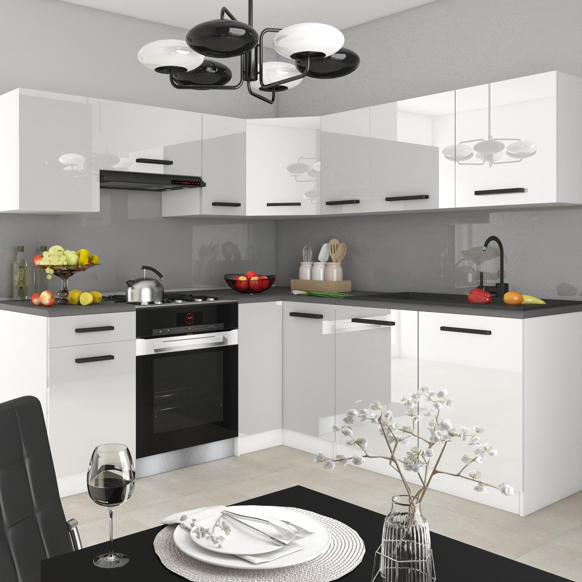 Belini Italia 6 Eckküche Küchenblock 360cm Weiß Hochglanz