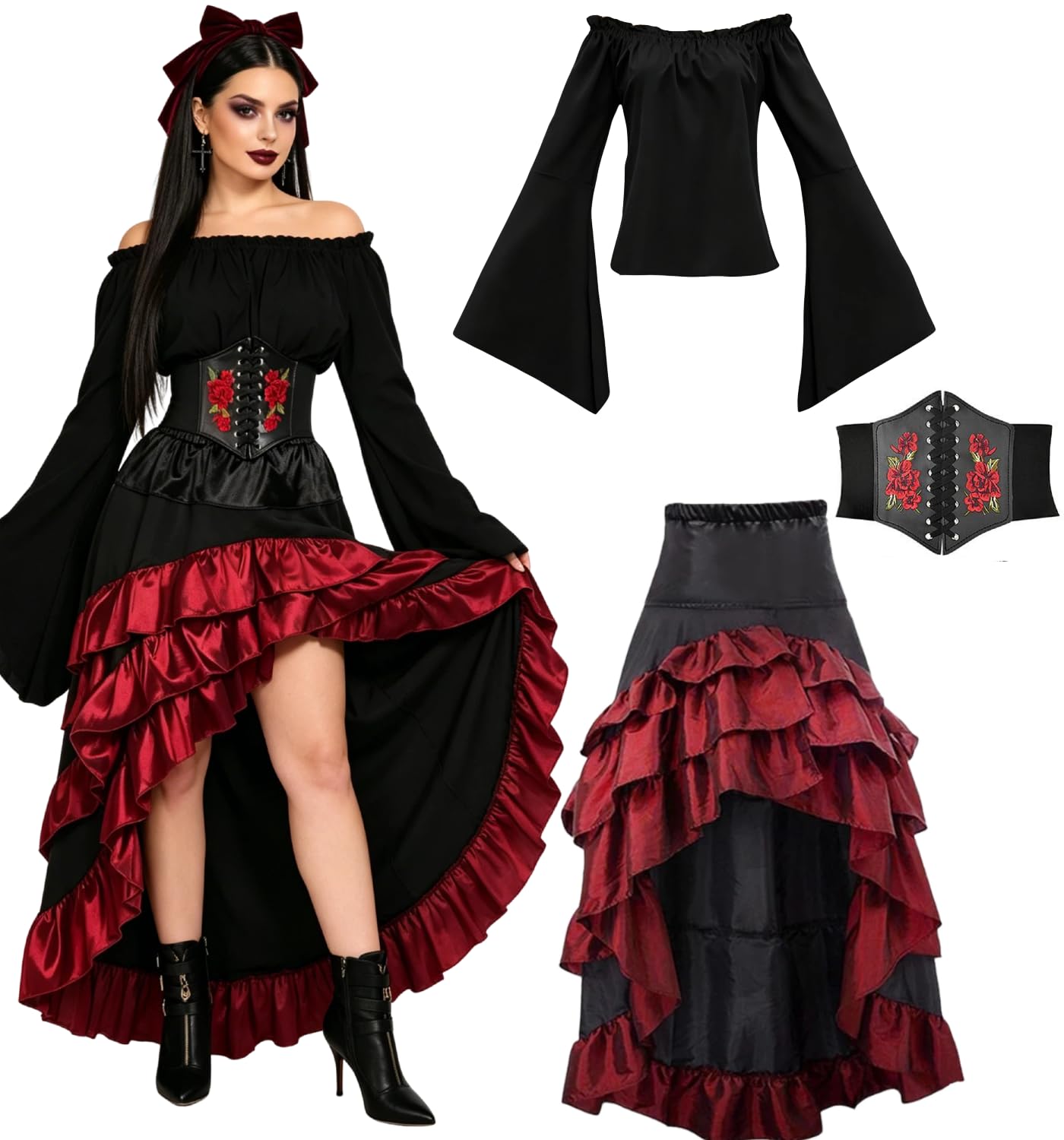 Vercico Pirate Costume Adult Women Medieval Pirate Fancy Dress Retro Elastic Waistband Corset, Steampunk Renaissance Outfit Halloween Costumes (Black, M)