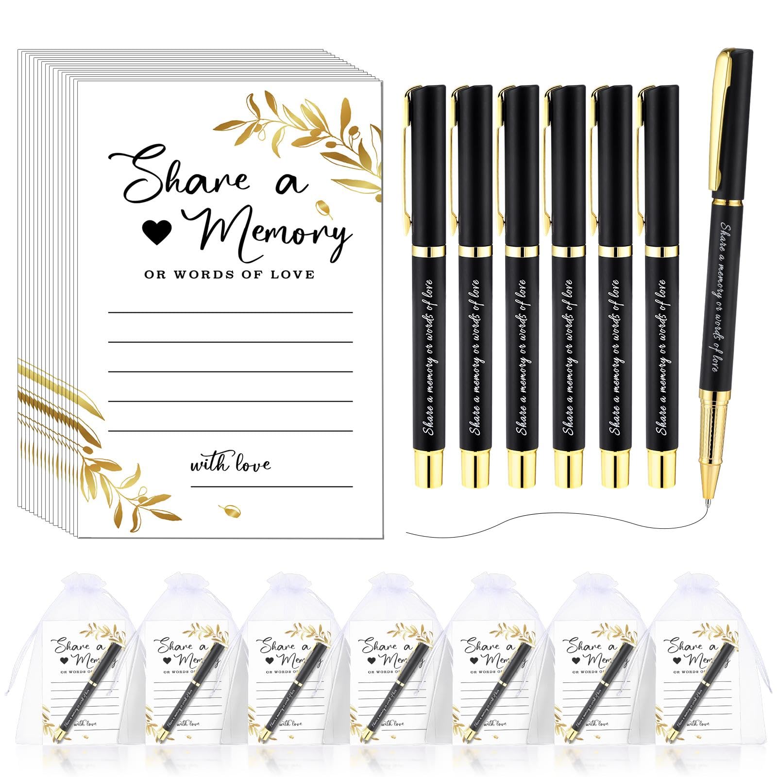 Pasimy 150 Pcs Celebration of Life Guest Favors Included 50 Share a Memory Cards and 50 Black Pens 50 White Organza Bags for Funeral Graduation