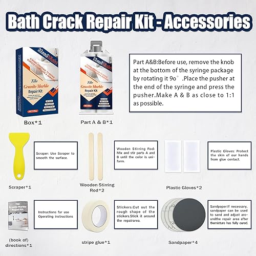 Miniatura 3 de Kit de reparación de porcelana y fibra de vidrio - Kit de reparación de bañera, azulejos, ducha, para cerámica, mármol, cuarzo, granito, resistente