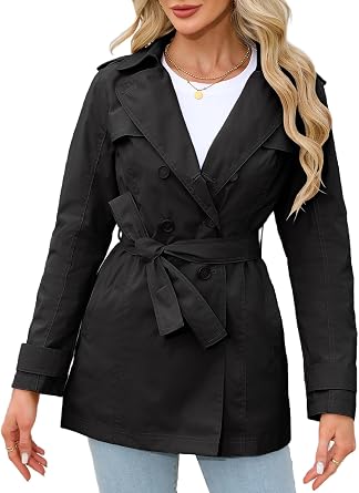 Bellivera Womens Double-Breasted Classic Lapel Slim Windproof Trench Coat with Belt Crop Length