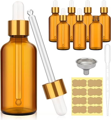 ComSaf Botellas cuentagotas de vidrio ámbar de 2 onzas, paquete de 8 con 1 embudo de acero inoxidable y 1 pipeta medida, botellas de tintura de