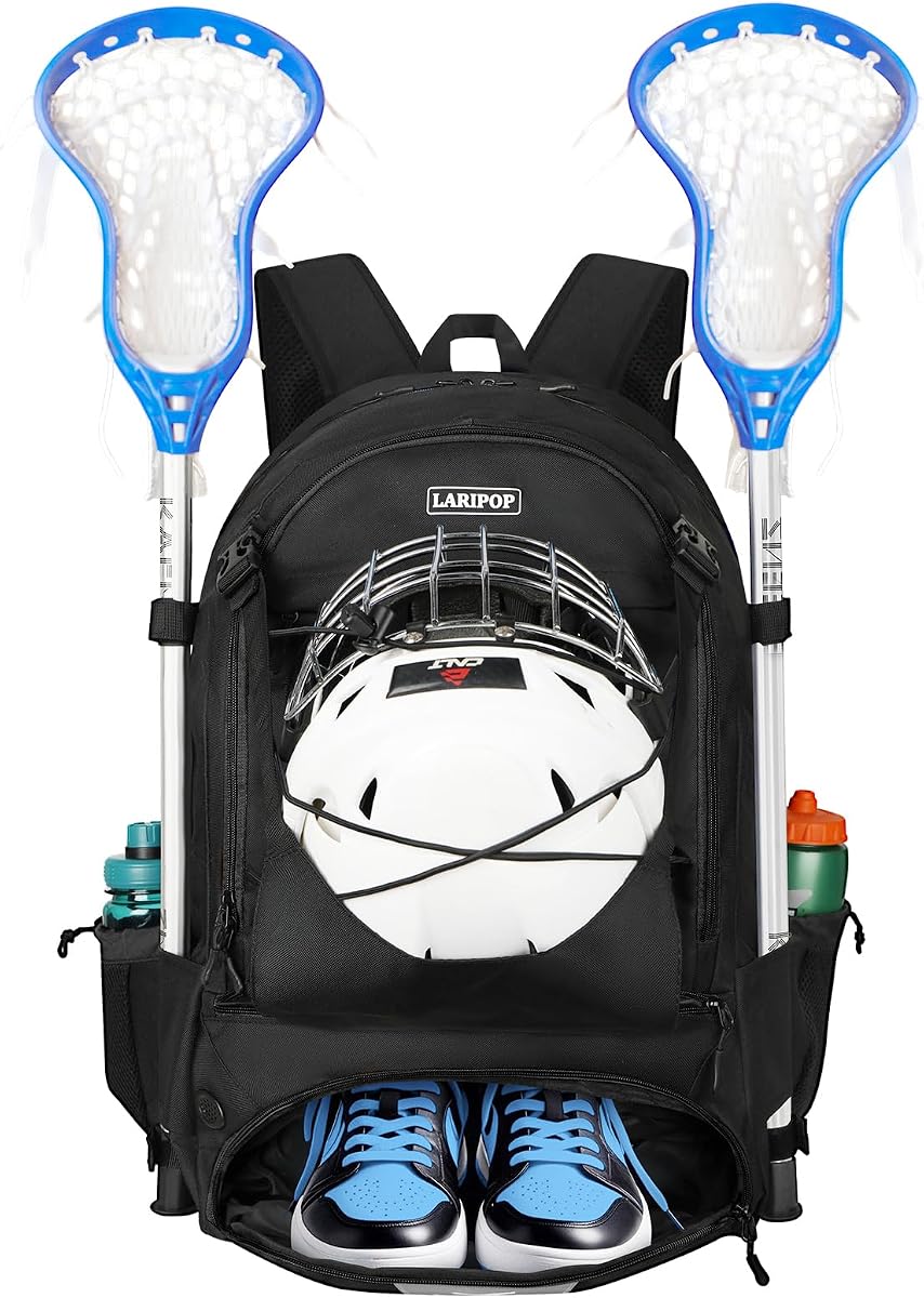 LARIPOP Lacrosse Bag Extra Large Backpack with Stick Holders & Helmet Compartment for Men Women Youth