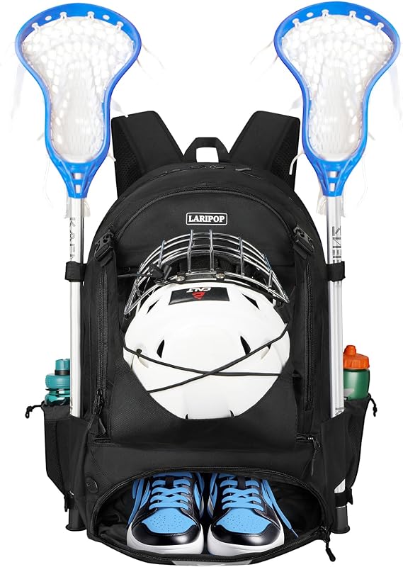 LARIPOP Lacrosse Bag Extra Large Backpack with Stick Holders & Helmet Compartment for Men Women Youth