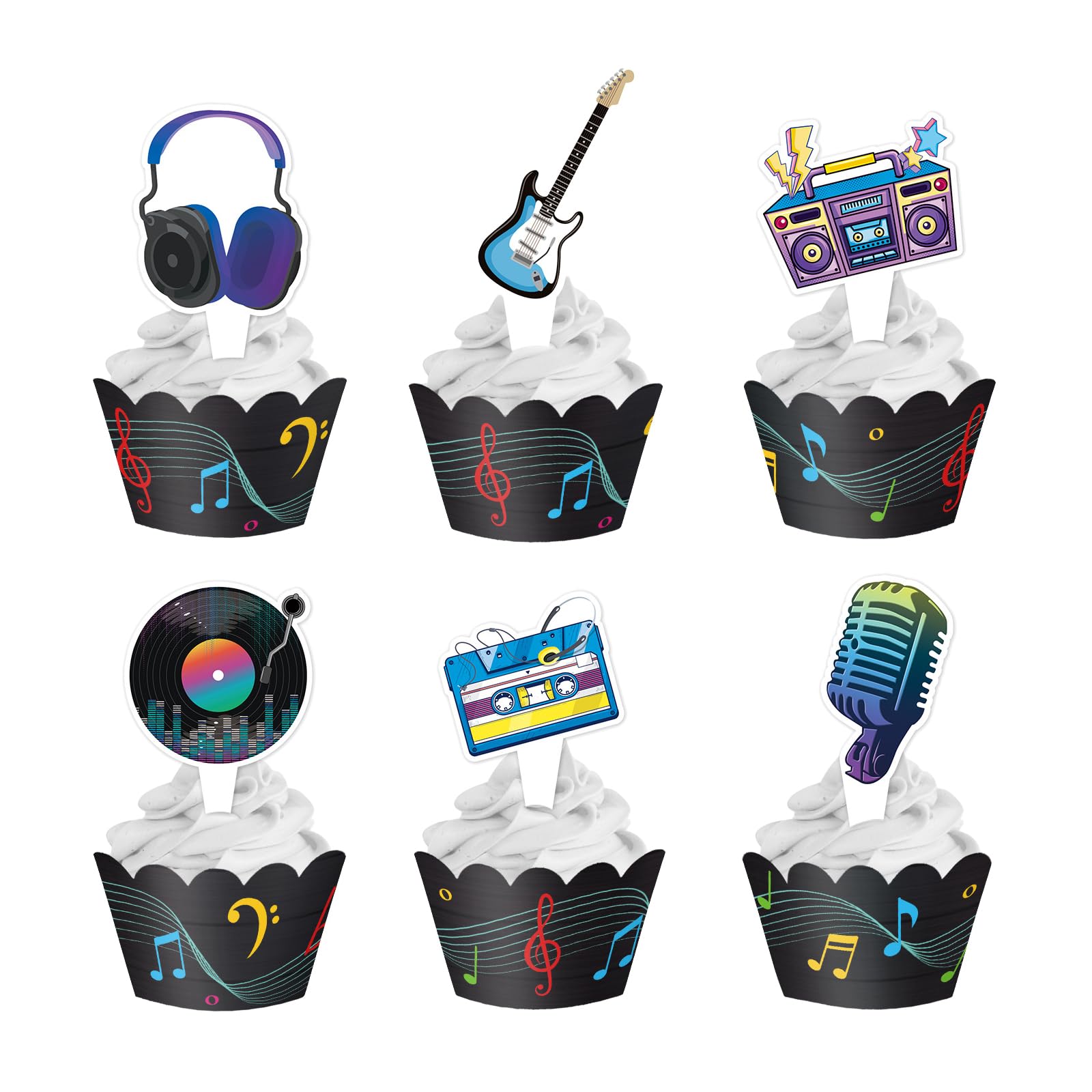Decoraciones para cupcakes de música pop rock ideales para fiestas de los años 80