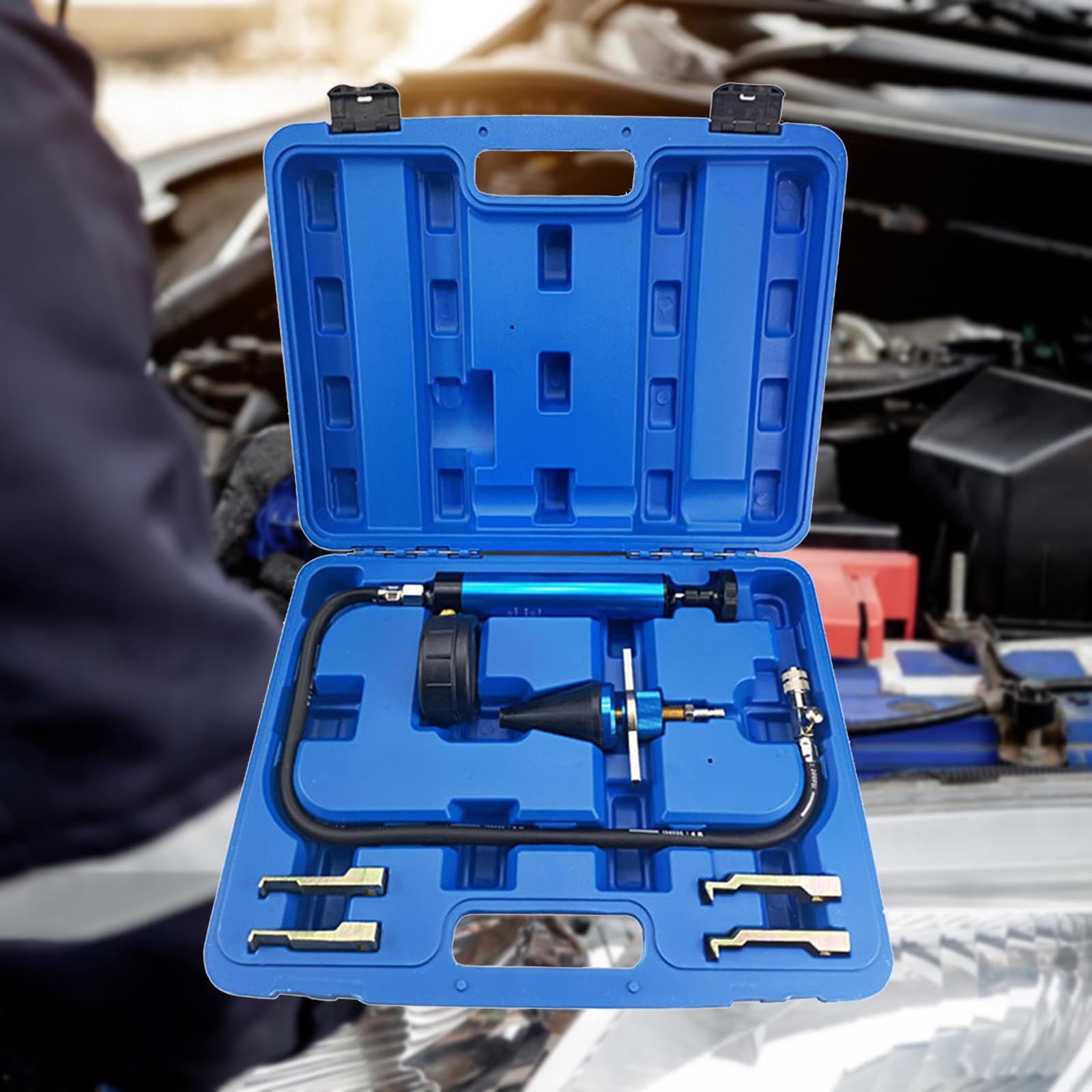 Kit de Prueba de presión para Bomba radiador con Cabezal cónico y Pinza Que Garantiza un Ajuste Seguro. Incluye Estuche Transporte.