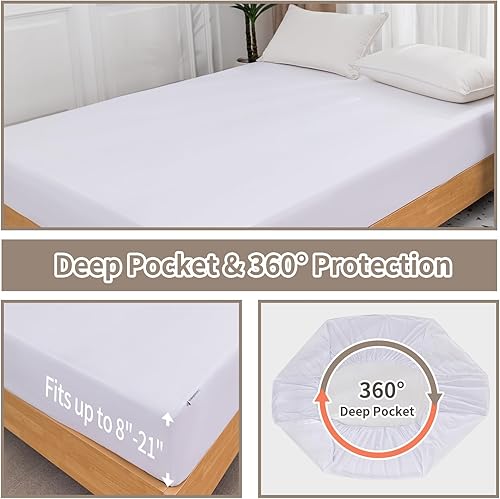 Miniatura 3 de Protector de colchón matrimonial 100% impermeable, funda de colchón sin ruido, funda de colchón de rizo de algodón transpirable con bolsillo
