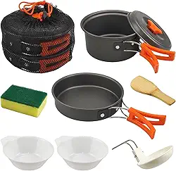 Conjunto de cozinha de acampamento, conjunto de 7 peças de panelas de acampamento para mochila, panelas e panelas, kit de cozinha de sobrevivência para caminhadas, equipamentos de cozinha ao ar livre