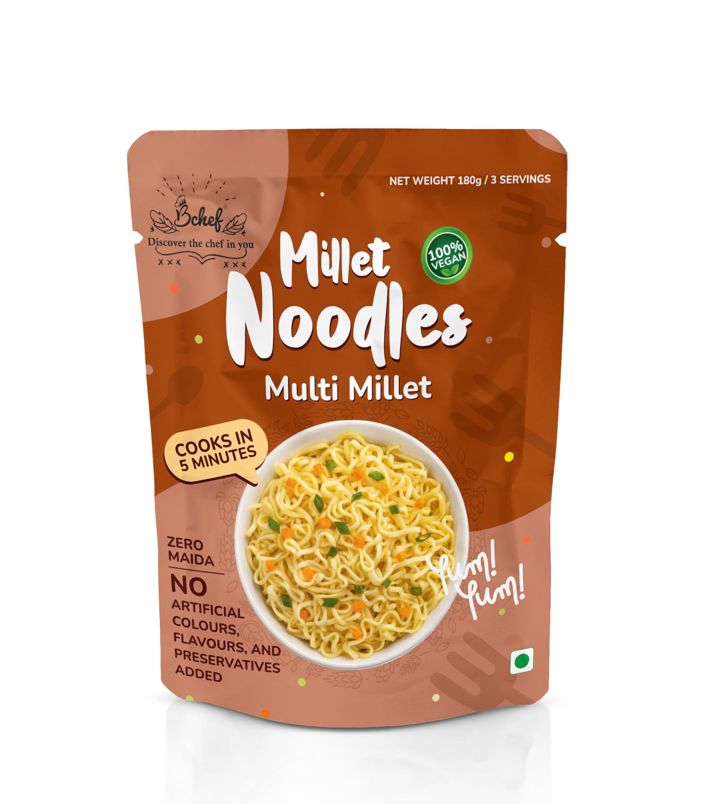 Bchef Healthy Multi Millet Noodles Classic, 180 gram | Zero Maida, No Artificial Colours, No Flavours & Preservative Added | 100% Vegan Noodles (Multi Millet Classic)