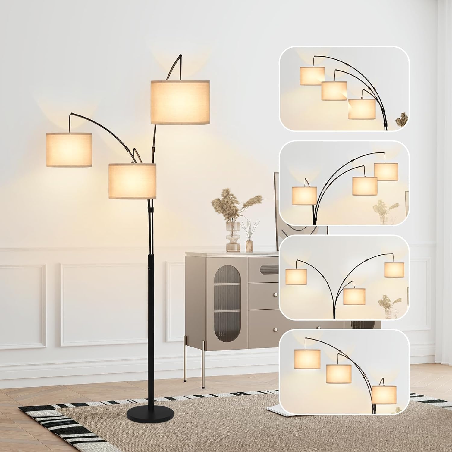 YU YUSING Lampada da Terra ad Arco, Piantana Salotto in Stile Vintage | Lampada a Stelo con Bracci Multipli Rotazione a 360°, 3 Luci Individuale, per Soggiorno e Camera da Letto (Senza Lampadine)