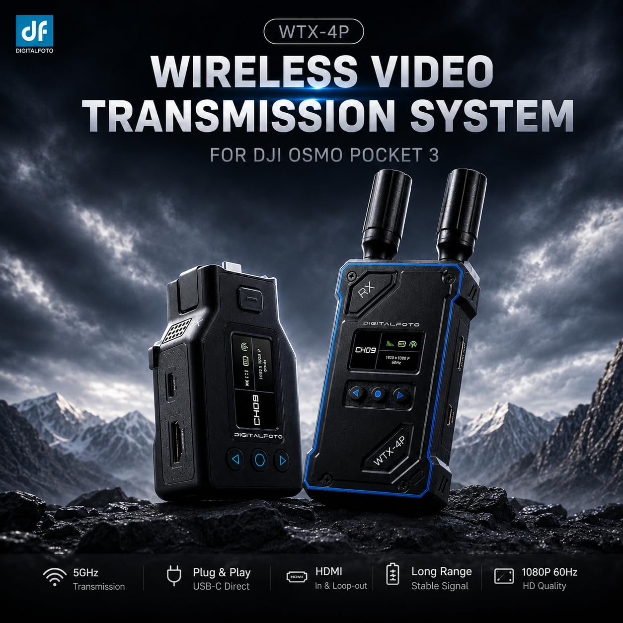DF DIGITALFOTO WTX-4P Transmisor Receptor HDMI Inalámbrico para dji Osmo Pocket 3, Alcance 500m, Baja Latencia 0,05s, Salida UVC y HDMI 1080P60, Sistema de Video