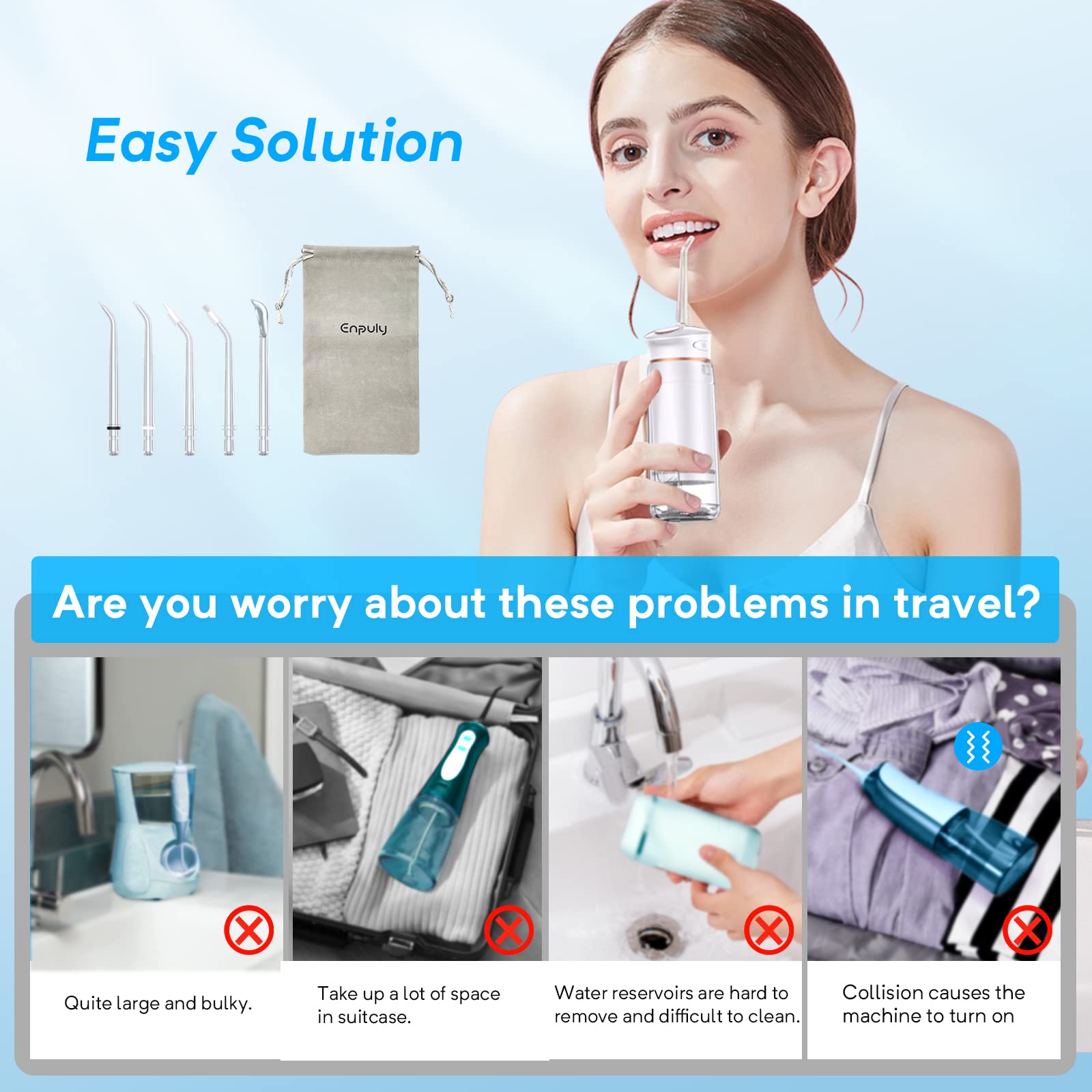 ENPULY Idropulsore Dentale Portatile, Idropulsore da Viaggio, 200ml Irrigatore Dentale Cordless,1 Borsa da Viaggio & 5 Beccucci, 3 Modalità & 5 Pressioni Regolabili, Bianco