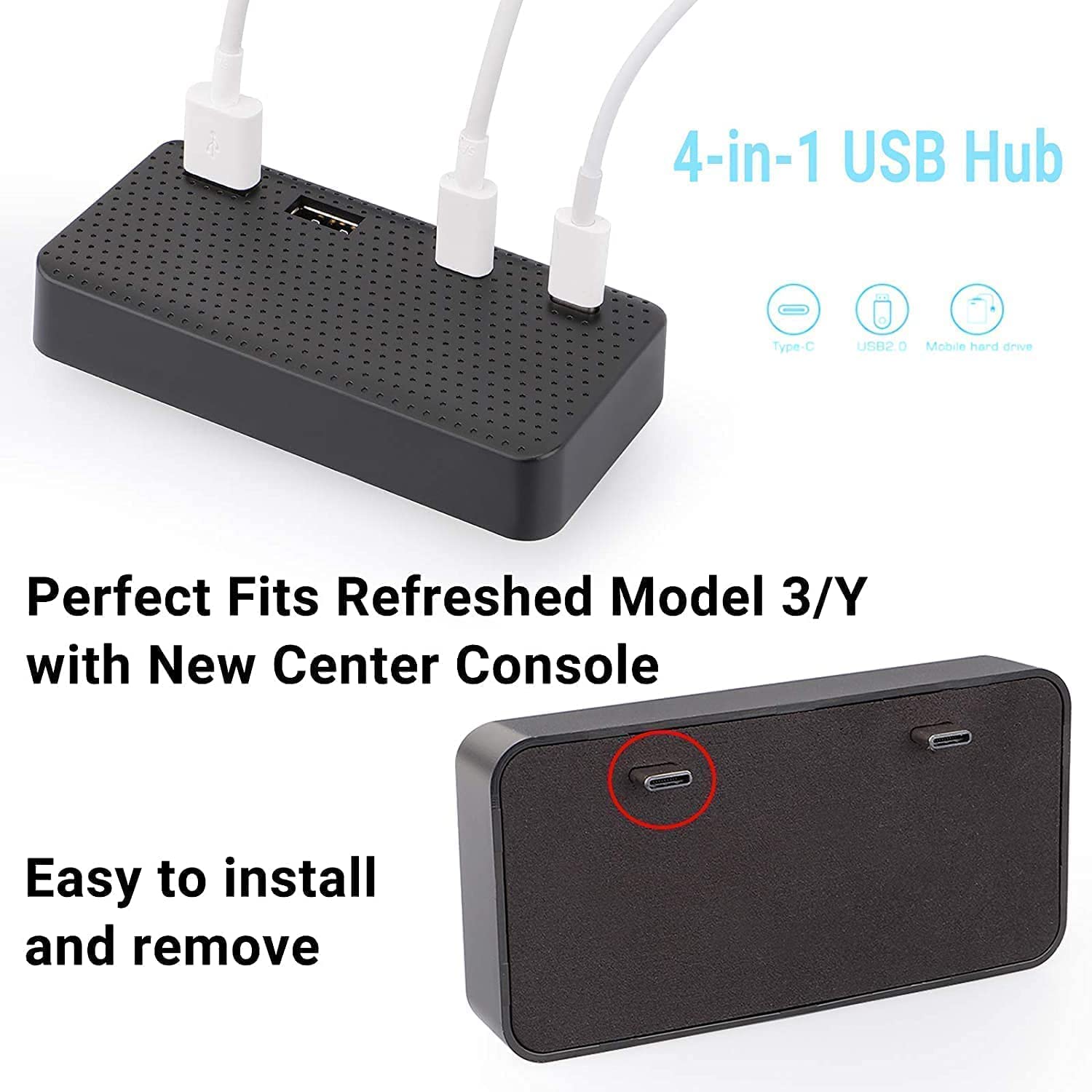 Adaptador consola central coche con concentrador USB 4 en 1 para Tesla Model 3 2021, accesorios Dashcam visor modo centinela USB Hub Pro Dongle USB