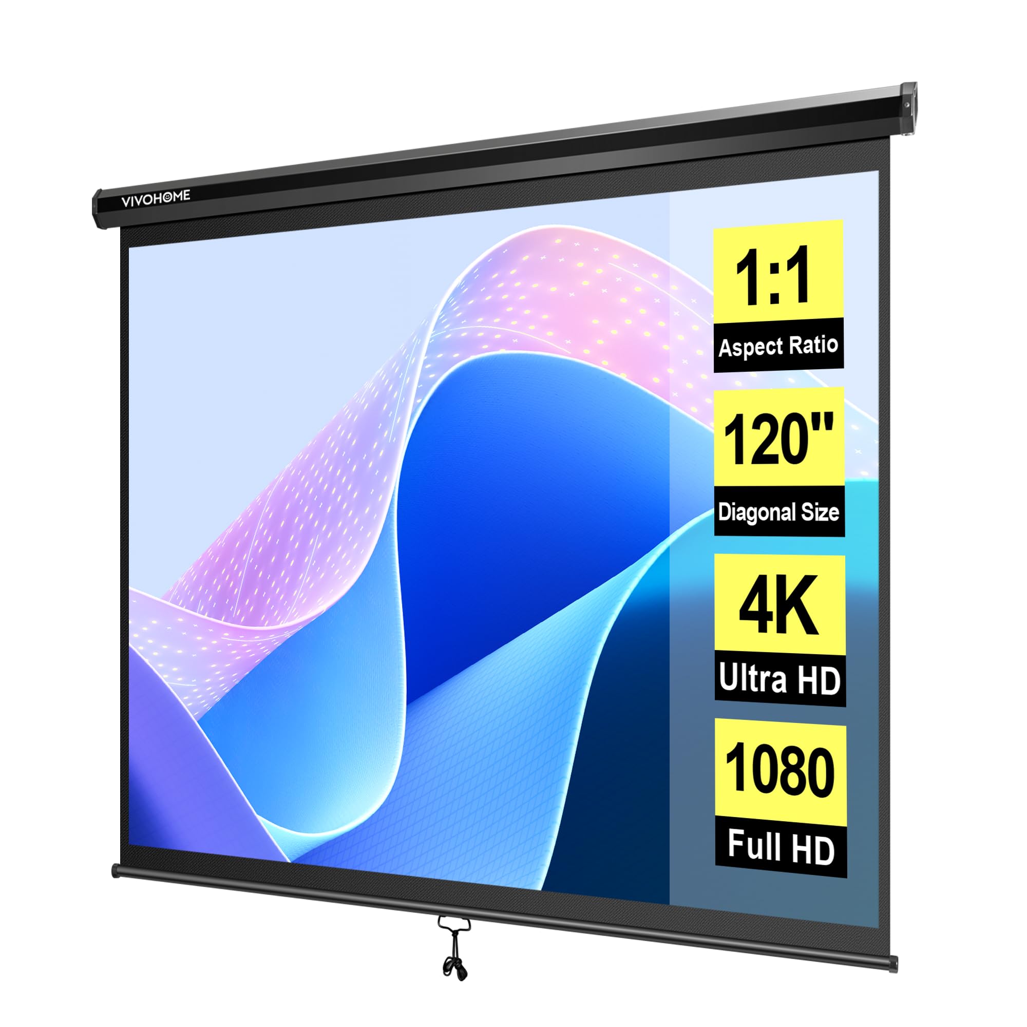 VIVOHOME 120 Inch 1:1 Pull Down Projector Screen, HD 4K Retractable Movie Screen for Indoor Home Theater and Office, Manual Projection Screen with Auto Locking (84Wx84H Inch Display Area)