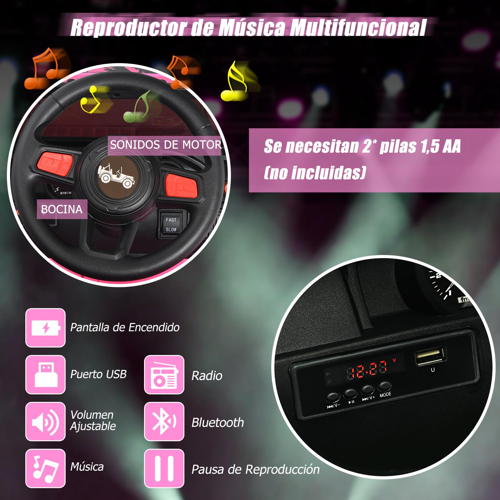 GOPLUS Coche Eléctrico 12V para Niño de 3+ Años, Buggy Todoterreno Infantil con Mando a Distancia, Luz Música Bocina, 3-8 km/h, Carga Máx 35KG, ‎Velocidad Ajustable 2.6-6 km/h (Rosa)