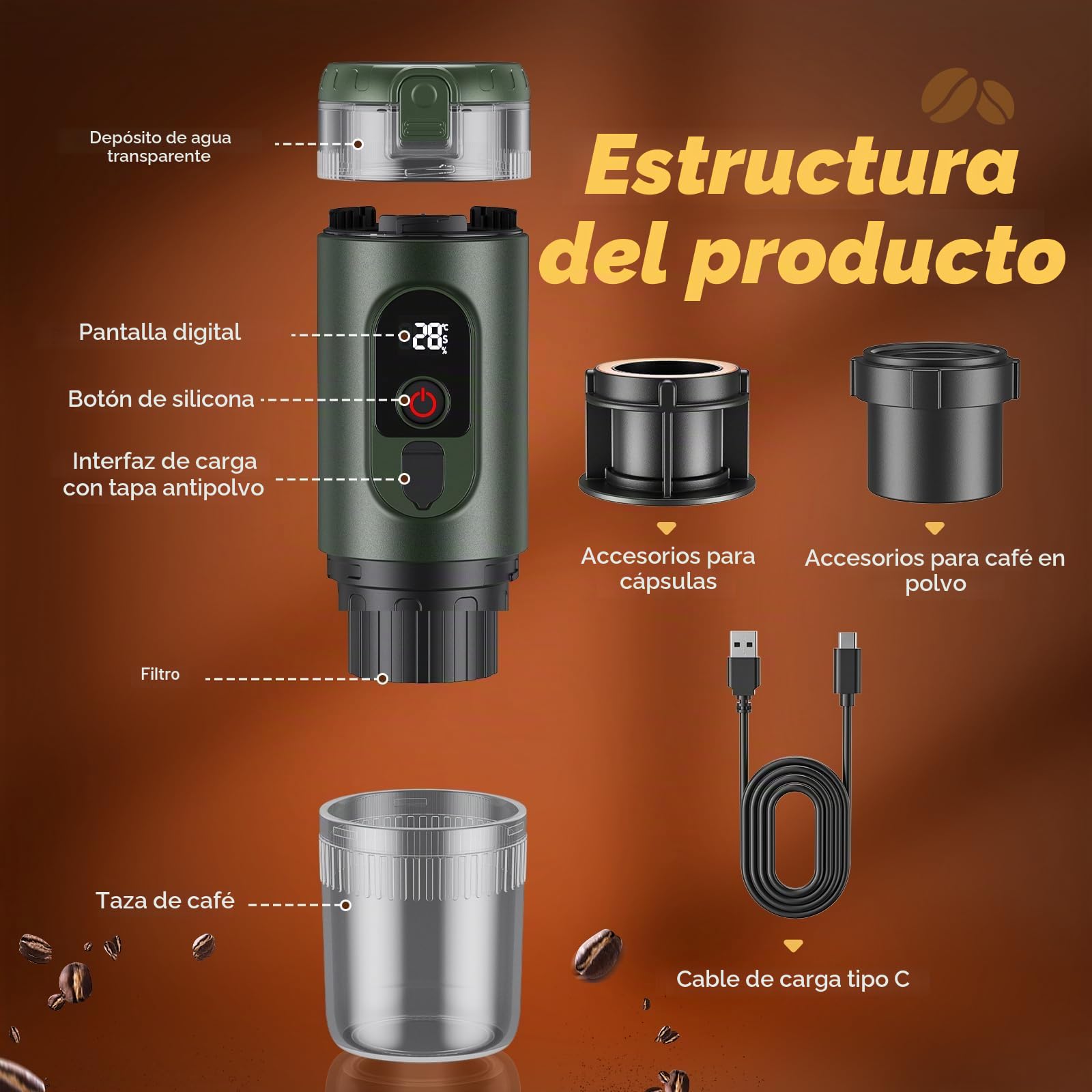 Cafetera portátil 2 en 1 con batería de 7650 mAh, 20 bar de presión, extracción en frío/calor, para cápsulas y café molido, portátil para oficina, viajes y camping (verde)