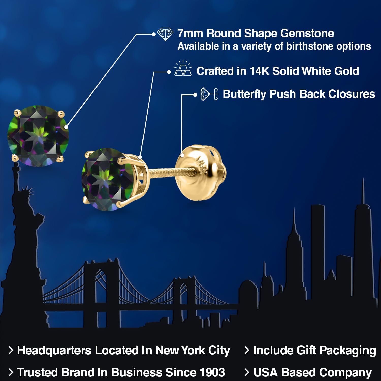 Gem Stone King 14K Yellow Gold Green Mystic Topaz Stud Earrings for Women | 2.60 Cttw | Gemstone November Birthstone | Round 7MM - Image 2