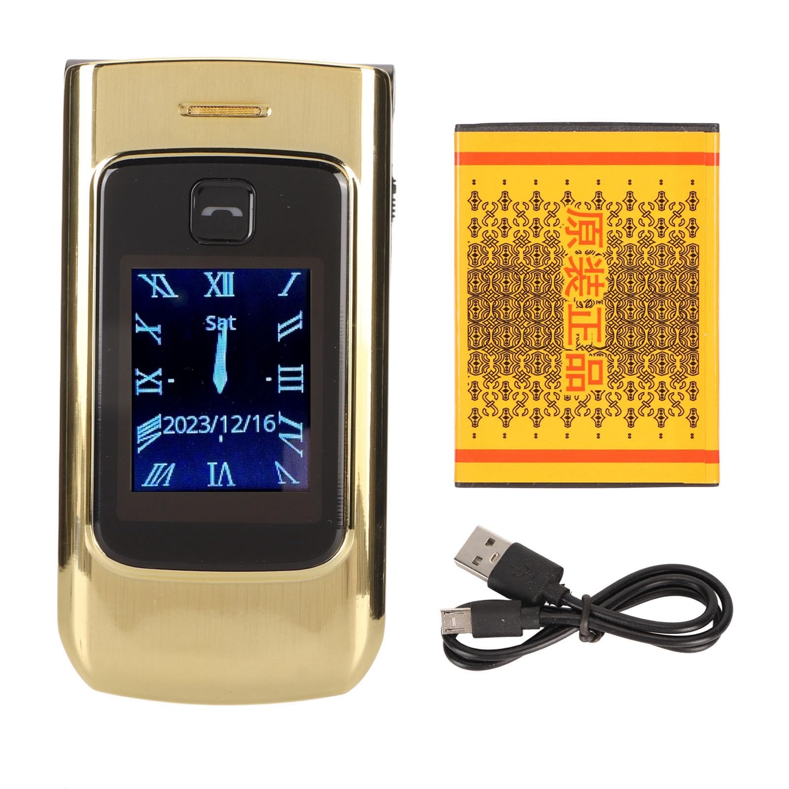 POENVFPO - Teléfono plegable con botón grande y funciones potentes. Pantalla doble. Batería 4800 MAh para personas mayores (GOLD)