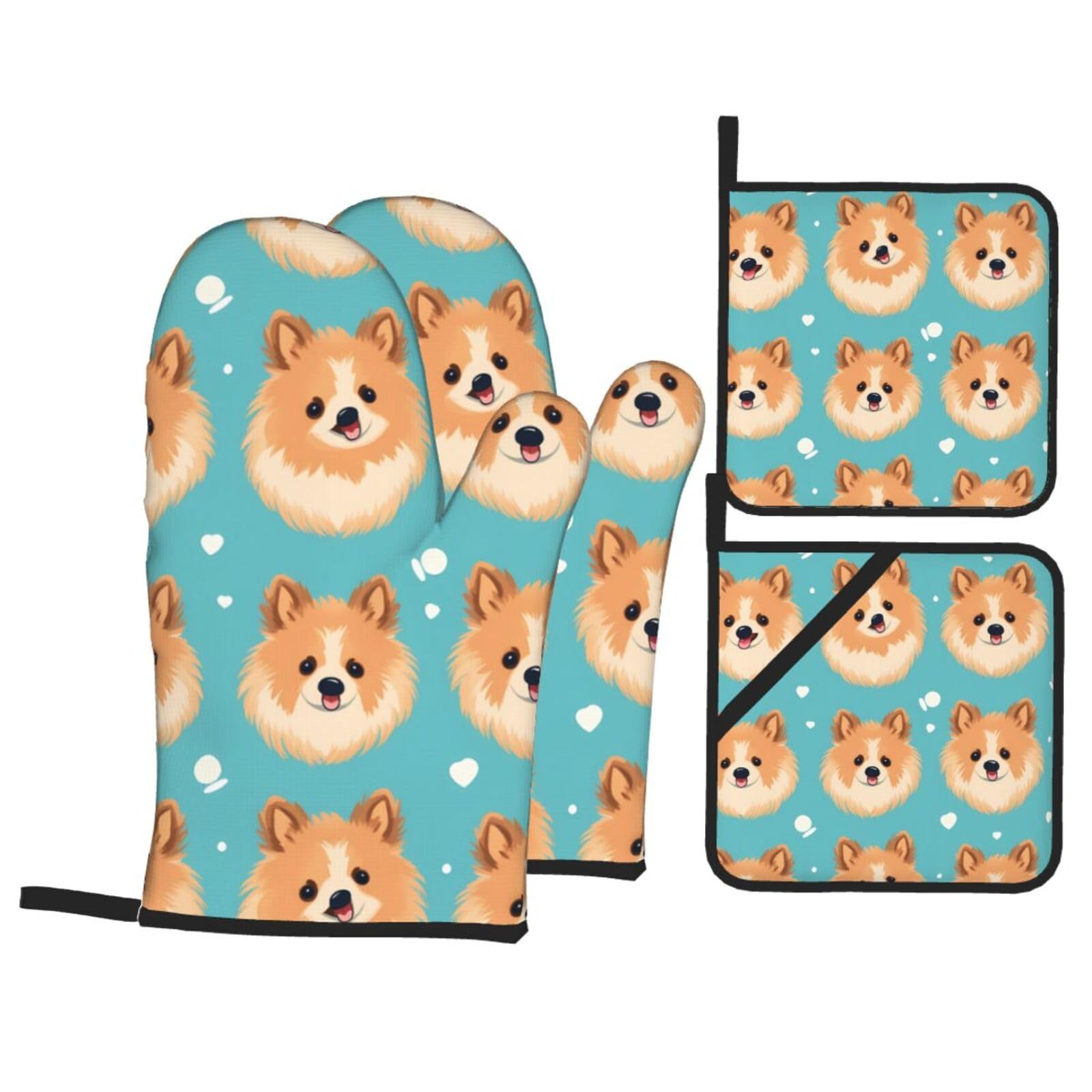 HJFCZH Cute Pomeranian Dog Picture Kitchen Baking Set of 4 Thick Insulated Oven Mitt & Pot Holders, Anti-Scalding for Microwave, Oven, Outdoor BBQ
