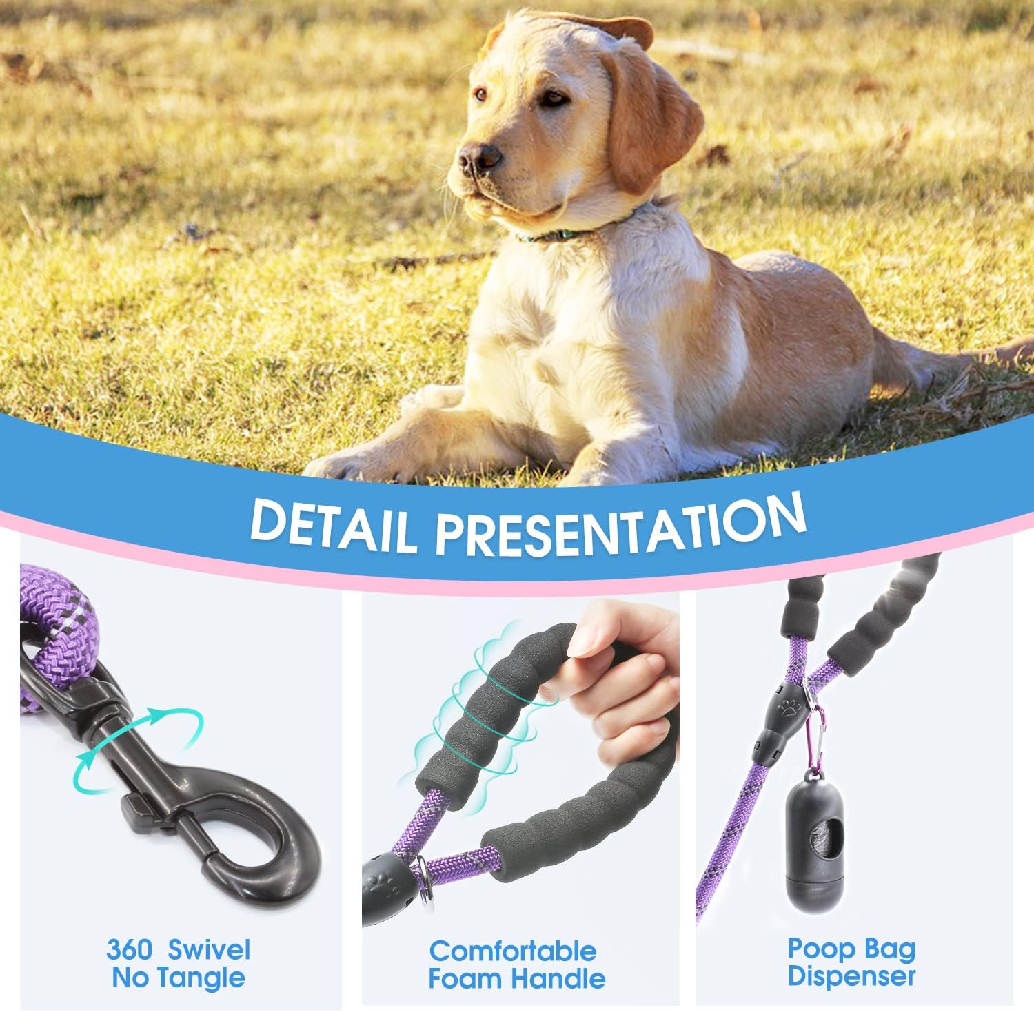 BAAPET 2/4/5/6 FT Dog Leash with Comfortable Padded Handle and Highly Reflective Threads for Small Medium and Large Dogs (6FT-1/2'', Purple) - Image 4