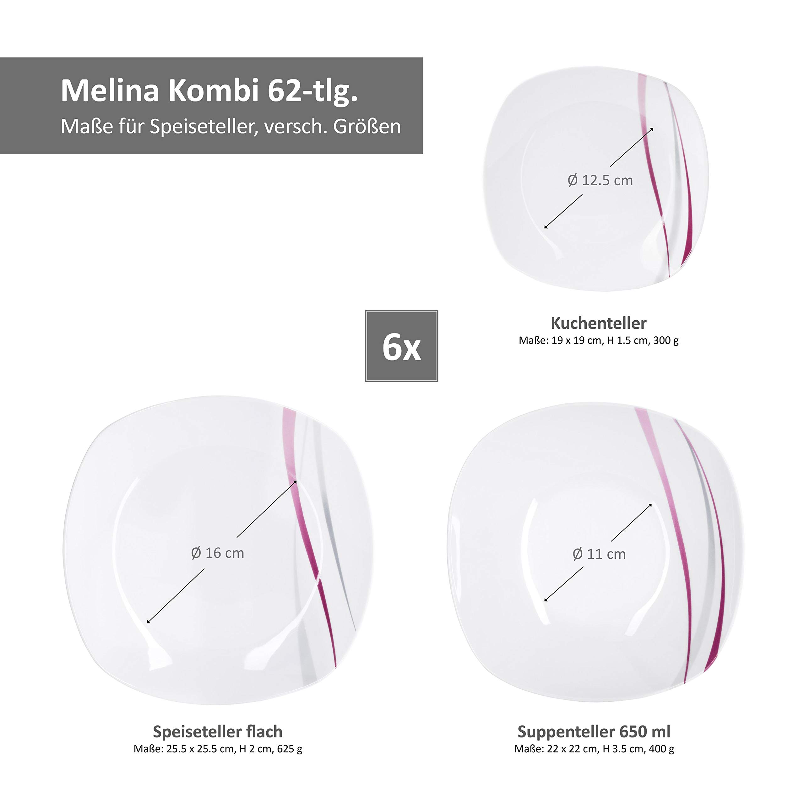 VAN WELL Monika - Lot de 6 grandes assiettes plates carrées - 255 x 255 mm - Motif coquelicot rouge - Porcelaine élégante - Gastronomie