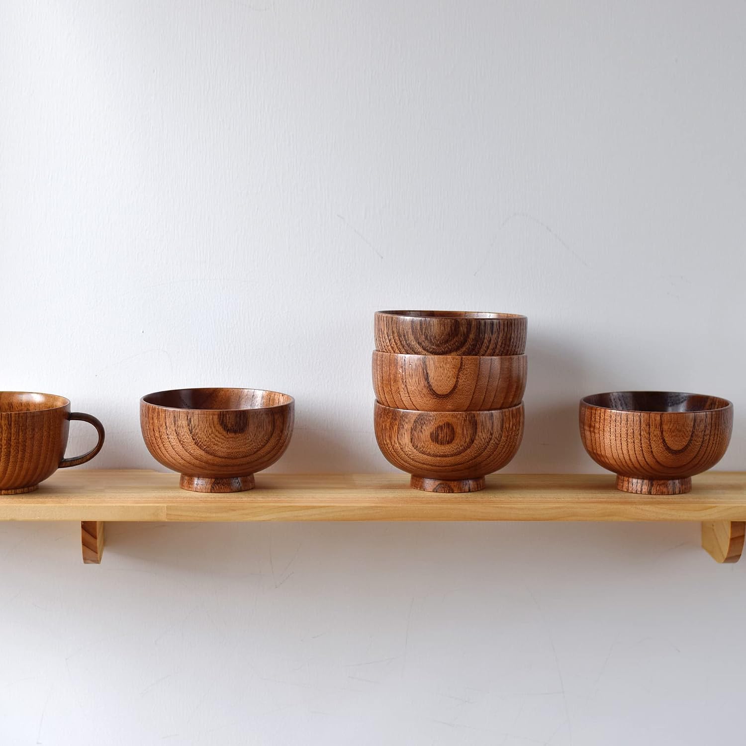 Small Wooden Bowls and Spoons, 11oz. Portion Control Bowls for Snack, Dessert, Japanese Serving Bowls for Rice, Soup, Solid Wood Bowls for Decor (4 Bowls - 4.5IN)