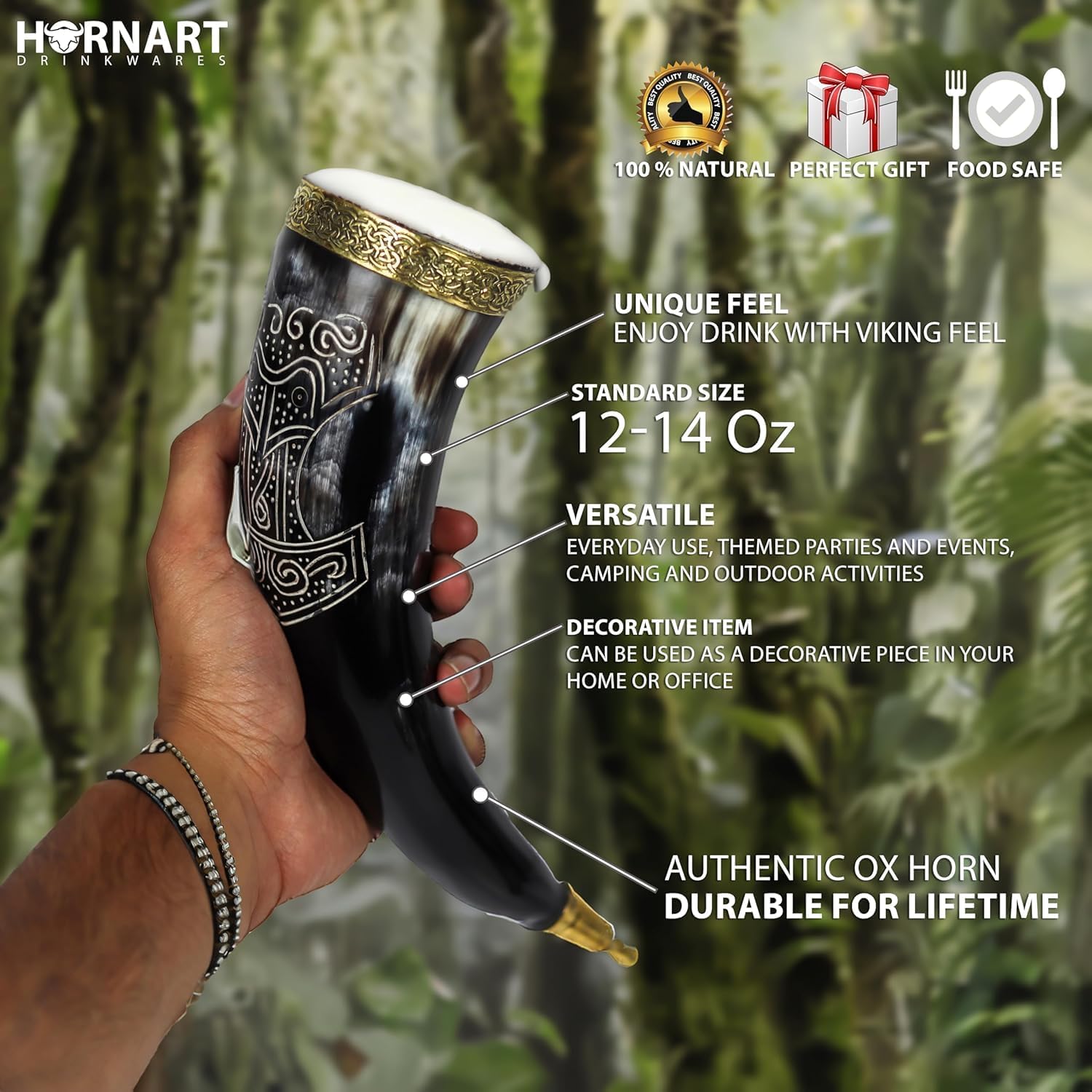 Viking Horn with Stand & Leather Holster, Loud Tumbler for Coffee, Beer, Mead, Whiskey & Ale, Unique Gift for Men, Dad, Brother, Anniversary, Birthday, or Christmas, Nordic Decor (Thor)