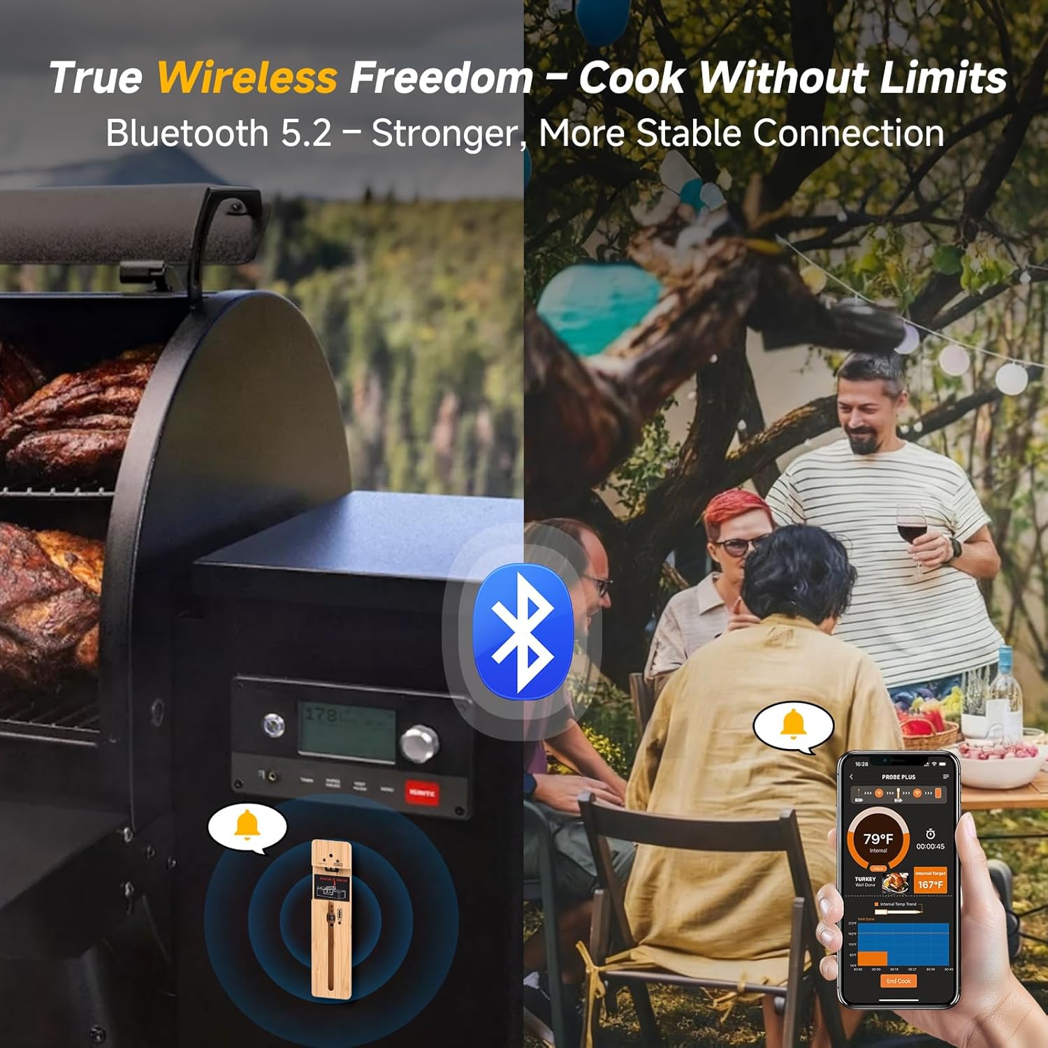 Wireless Meat Thermometer Digital, Long-Range Bluetooth Cooking Thermometer, Remote Tracking & Real-Time Readings for BBQ, Smoker, Air Fryer, Ideal Gift for Home Chef, Pitmaster, Griller