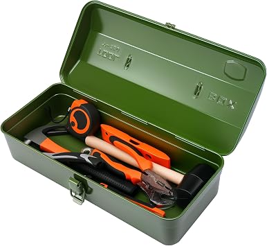 Portable Green Metal Tool Box with Lock, 14-Inch Heavy-Duty Storage Chest for Tools, , Ideal for Garage, Jobsite, Mechanic Use, Waterproof & Stackable Design