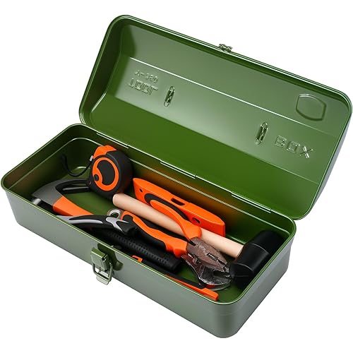 Large Metal Tool Storage Box with Handle for Workshop,15 inches Portable Tool Case with Lid，Locking Organiser Box for Hardware Part(green)