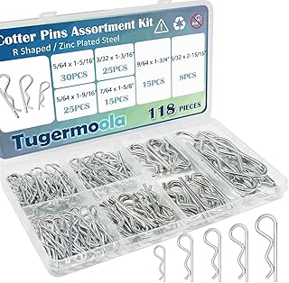 Tugermoola 118PCS 6 Sizes Cotter Pin Assortment Kit Zinc Plated Steel R Shaped Small Hardware Hitch Pins Clip Cotter Pins Set OLA010-118