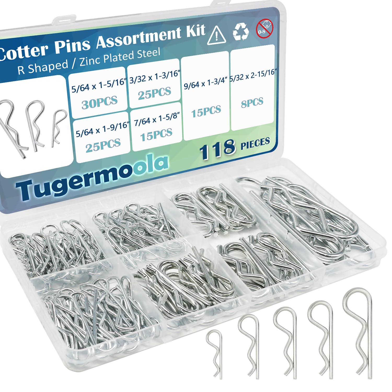 Tugermoola 118PCS 6 Sizes Cotter Pin Assortment Kit Zinc Plated Steel R Shaped Small Hardware Hitch Pins Clip Cotter Pins Set OLA010-118