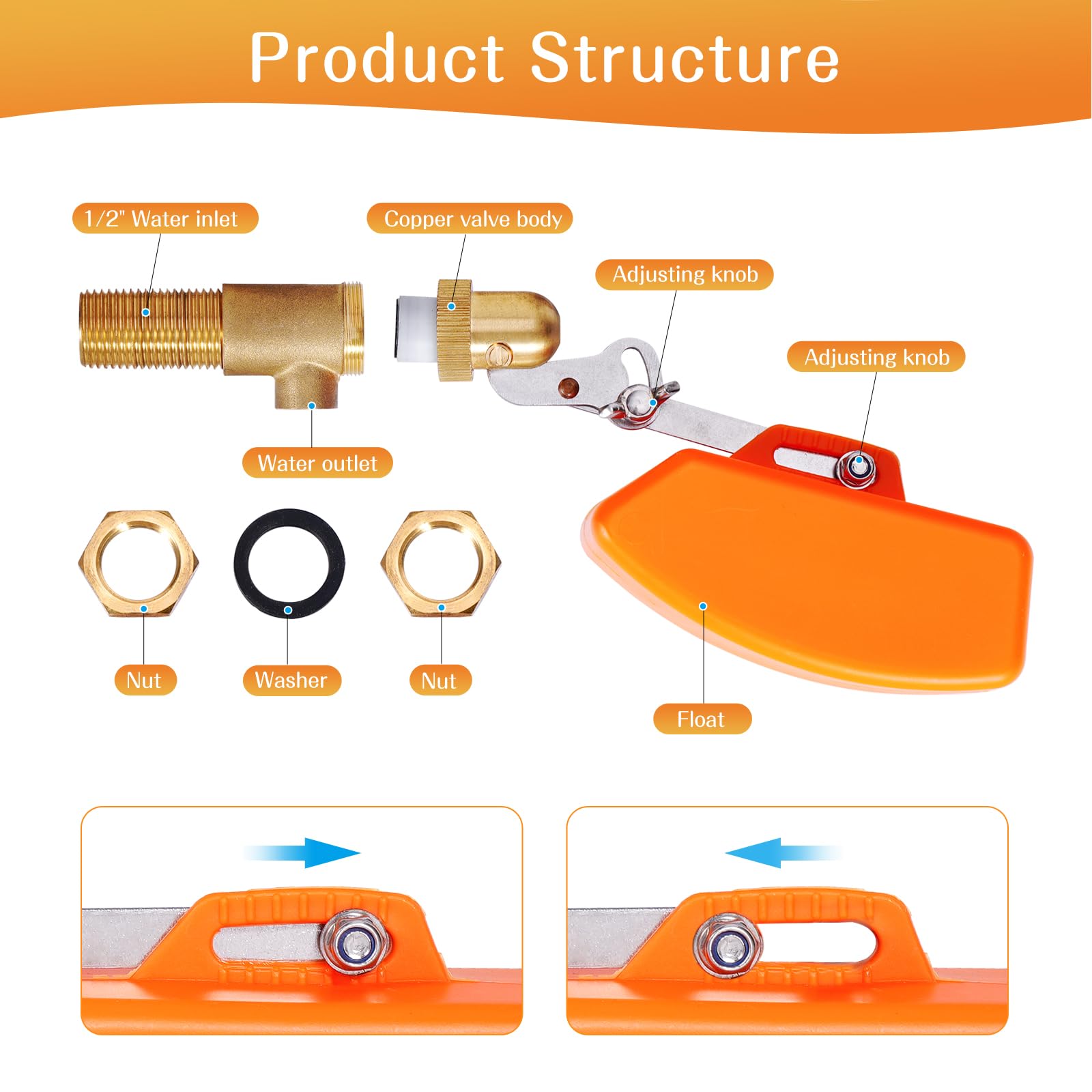Robinet flotteur en laiton 1/2" - Robinet flotteur automatique pour réservoir d'eau, piscine, abreuvoir, flotteur orange en plastique - Interrupteur à flotteur