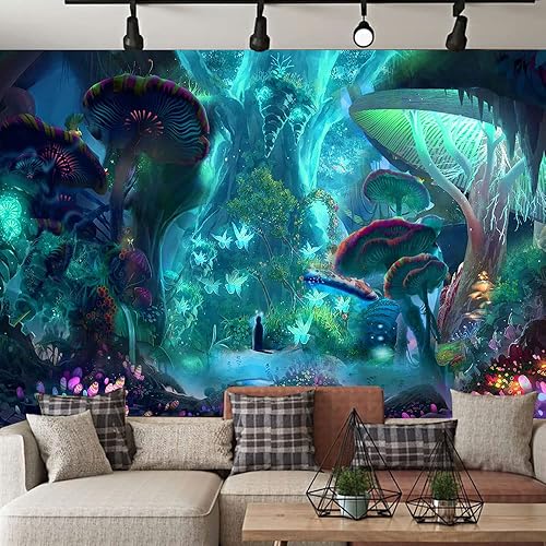 Miniatura 4 de Aidatain Tapiz de selva de hongos misteriosos, extra grande de 108 pulgadas y 90 pulgadas, diseño de árbol de luciérnaga de fantasía, juego de