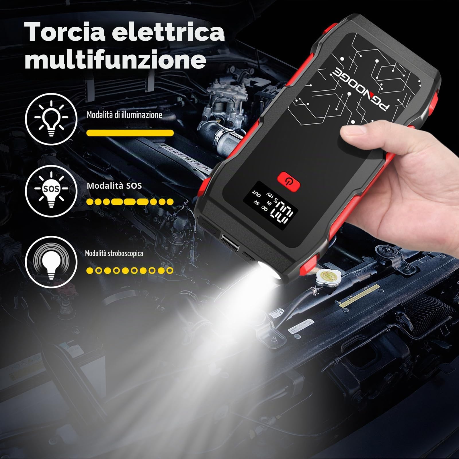 26800mAh 6000A Avviatore Booster per Auto 12V | Per tutte le auto a benzina 12V e veicoli diesel fino a 10L, Schermo digitale, Torcia, Power bank USB, Impermeabile