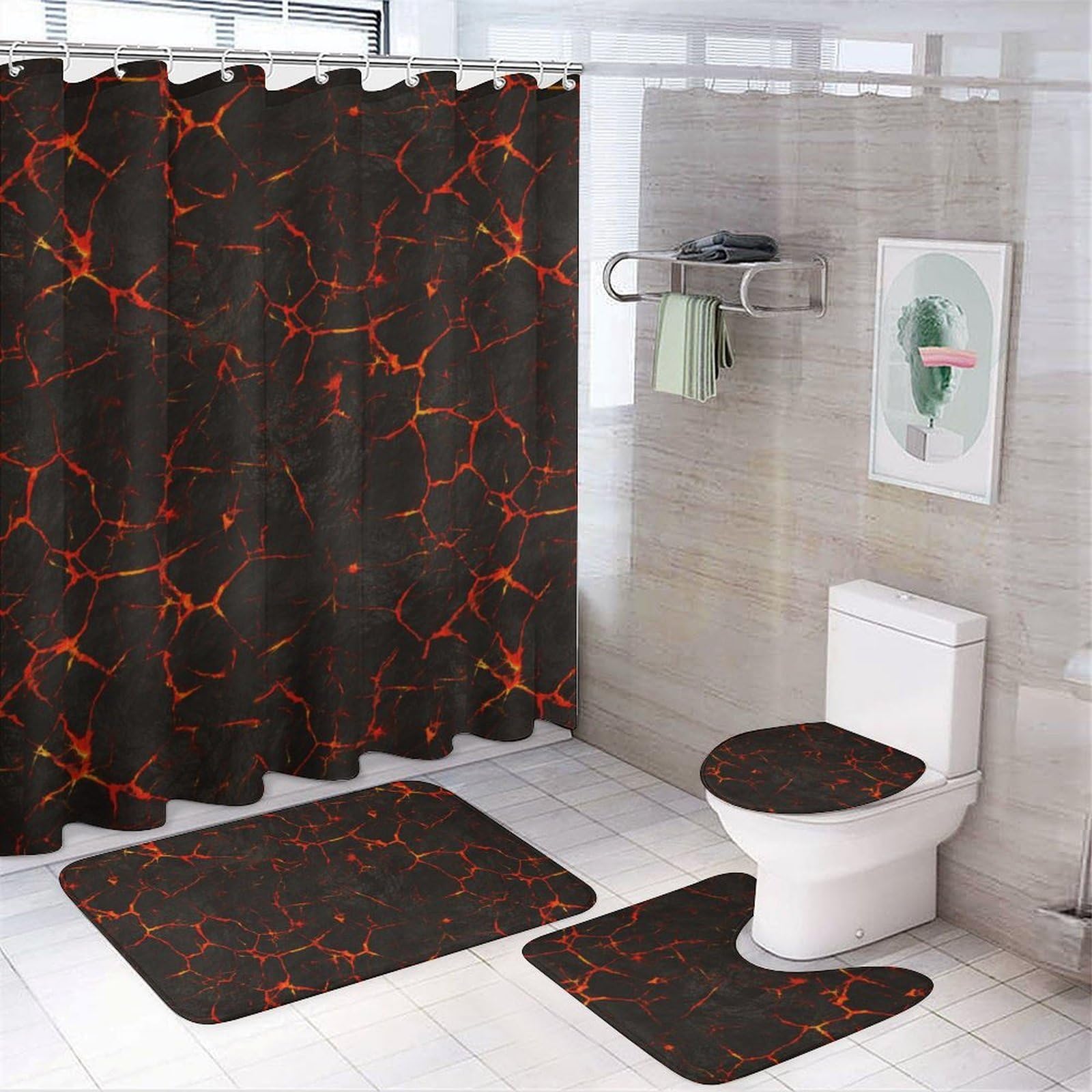 Lyfthologen Bathroom Mat Set 4 Piece, Volcanic Lava Crack Shower Curtain with Non-Slip Bath Mats for Bathroom