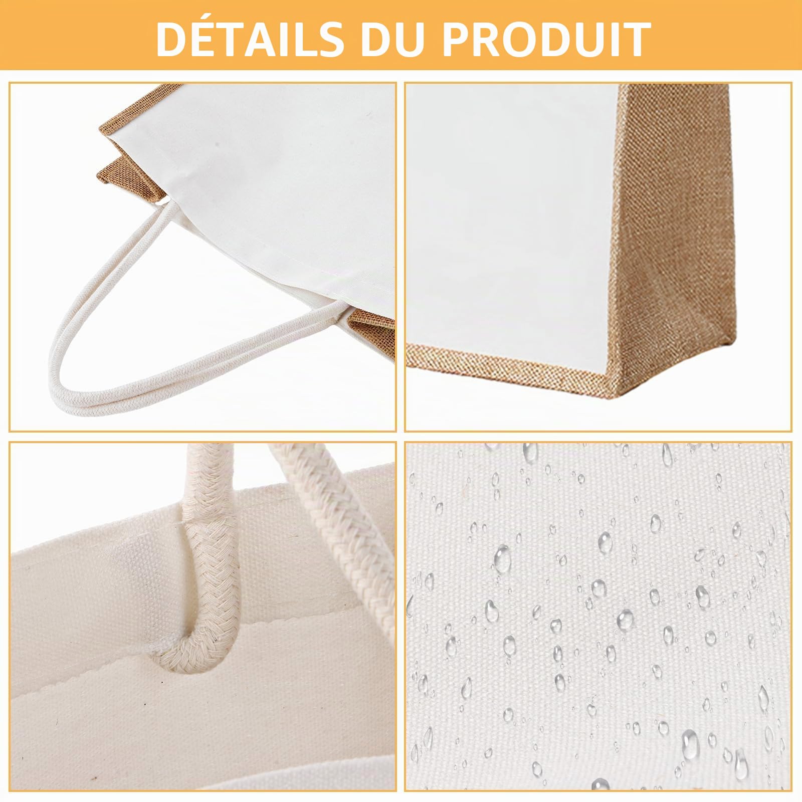 6 Pièces Sac en Toile de Jute 35 x 27 x 15 cm, Sac Cabas Blanc et Naturel, Tote Bag avec Poignées pour Courses, Plage, Pique-nique, Voyage et Cadeaux