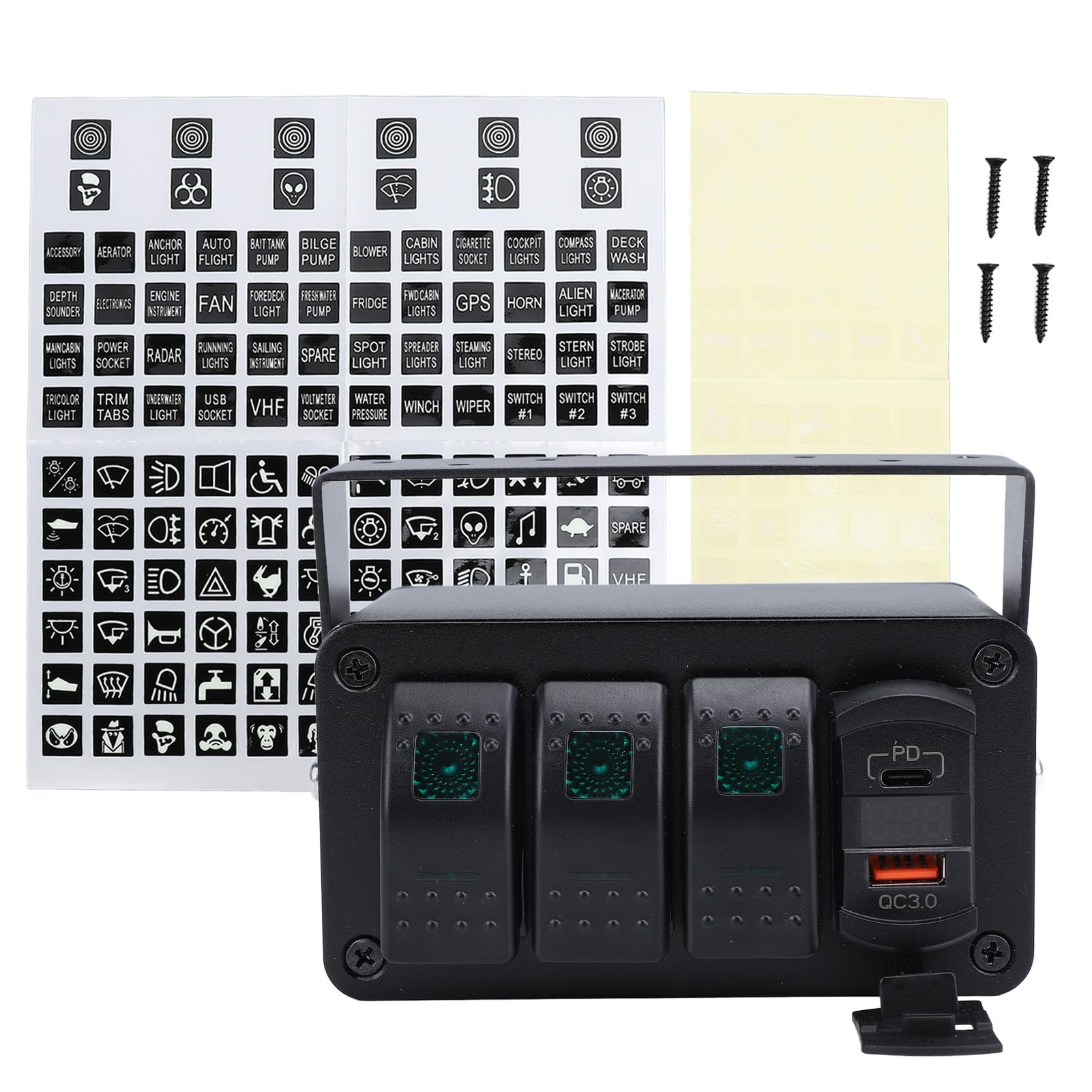 Interruptor de Palanca de 3 Entradas 24V DC 12V, Panel de Interruptor Basculante con Voltímetro de Cargador USB PD Tipo C y QC3.0 para Coches, Camiones, Barcos, RV (Luz verde)