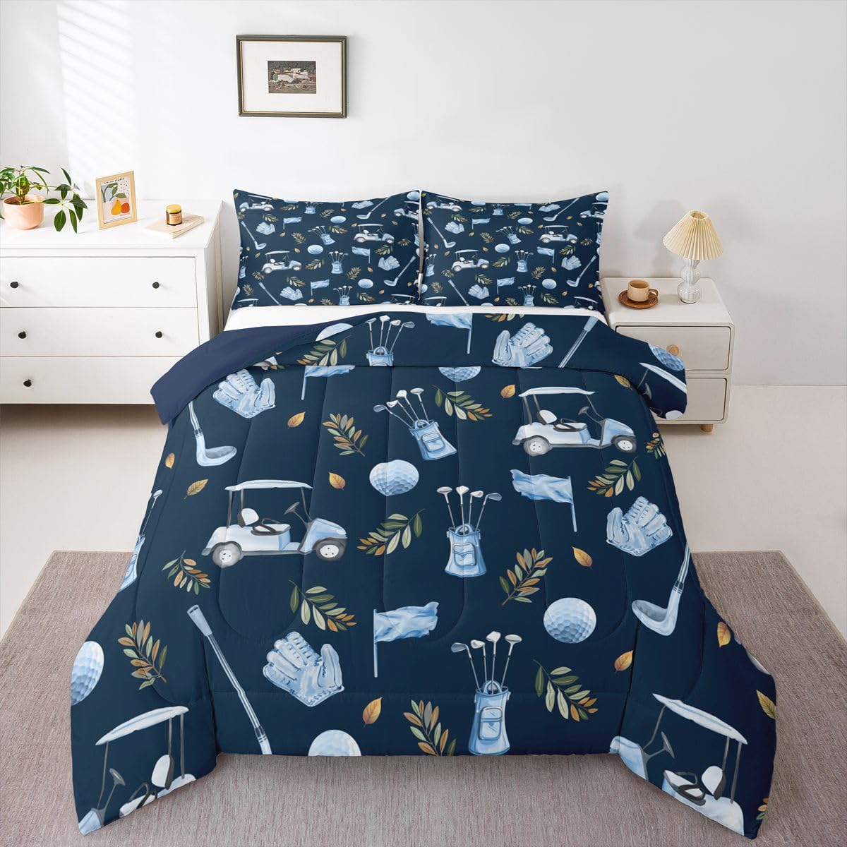 Feelyou Navy Blue Golf Comforter Set King Size Leaves Bedding Set for Kids Boys Girls Sports Golfing Theme Duvet Quilt Bedroom Decor Microfiber 3 Pcs with 2 Pillow Cases