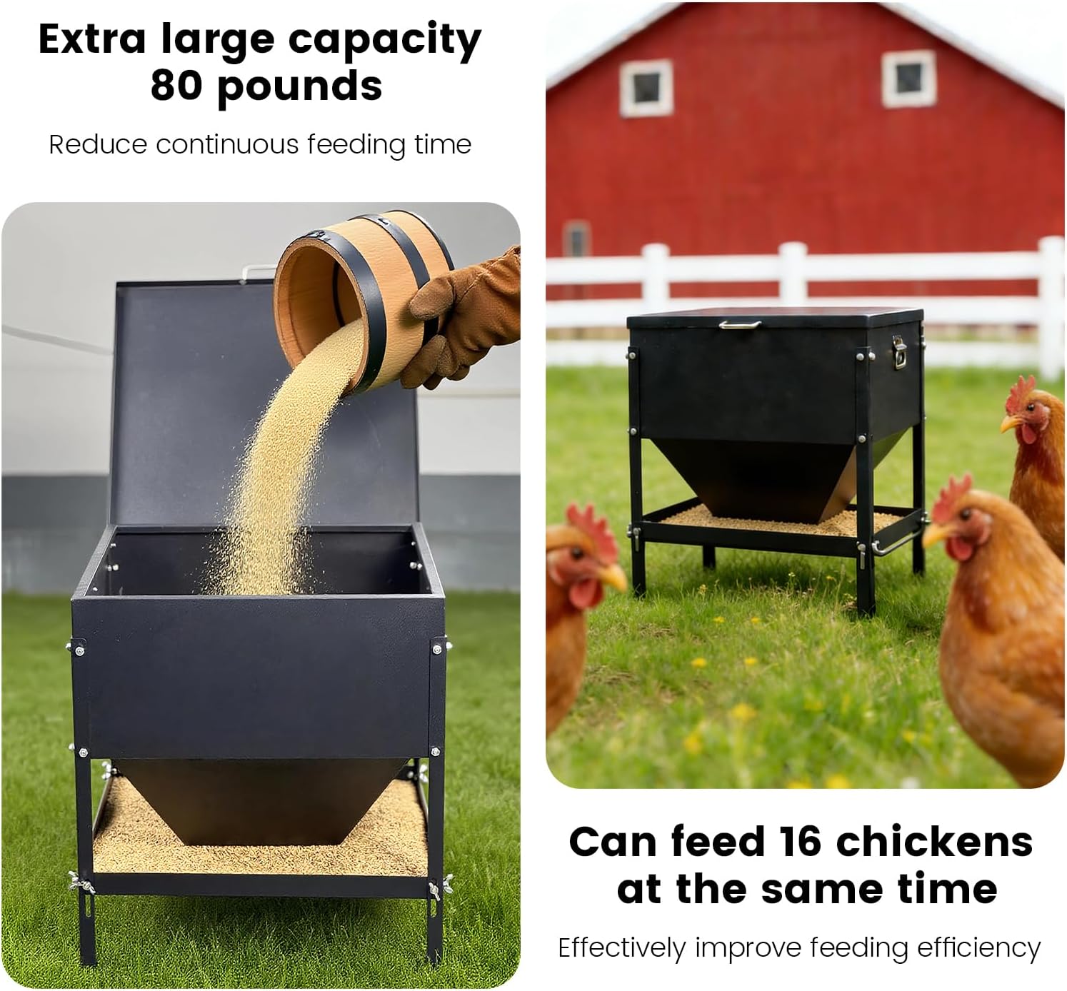 All Metal Chicken Feeding with Waterproof Lid and Handle，Adjustable 80 lbs Large Capacity No Waste Portable Automatic Chicken Feeder,for Chickens and Duck Poultry and Other Birds