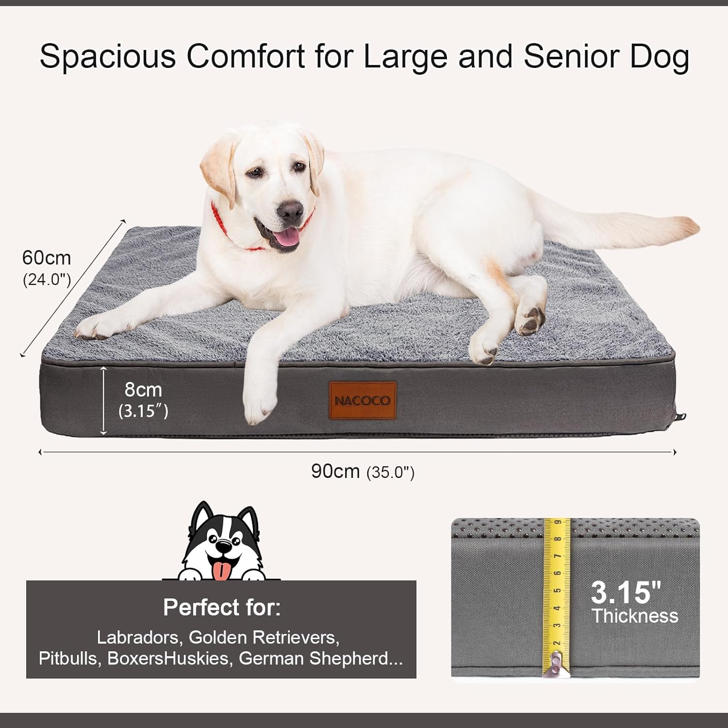 NACOCO Orthopedic Dog Bed for Medium Large Dogs, Waterproof Dog Crate Mat with Removable Washable Cover, 35D High-Density Foam Support, Non-Slip Bottom & Flannel Top, for Elderly Dogs, Grey, 35"x24"