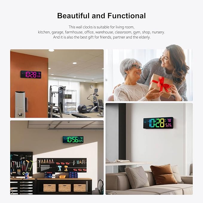 Reloj de pared digital grande 16" con control remoto LED RGB miniatura 6