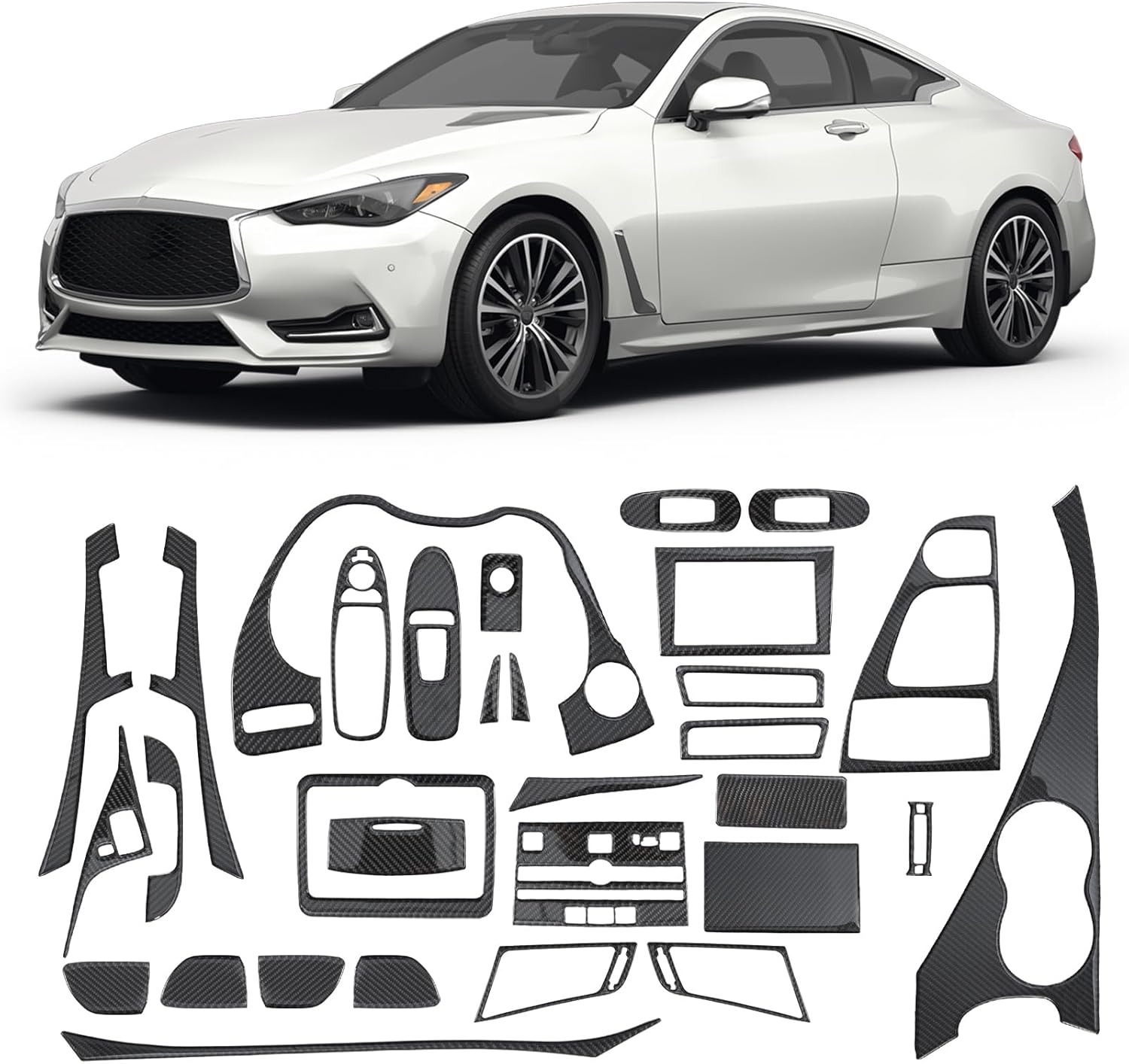31PCS Real Carbon Fiber Interior Trim Kit Compatible with Infiniti Q50 2014-2024 & Q60 2017–2022, Interior Decor Sticker Accessories