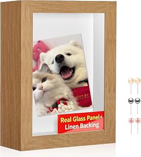4x6 Small Shadow Box Picture Frame with Real Glass and Linen Back | With Push Pins and Stand, Display on Tabletop or Wall – Wood Shadow Box Display Case for Photos, Flower, Keepsakes, Weddings