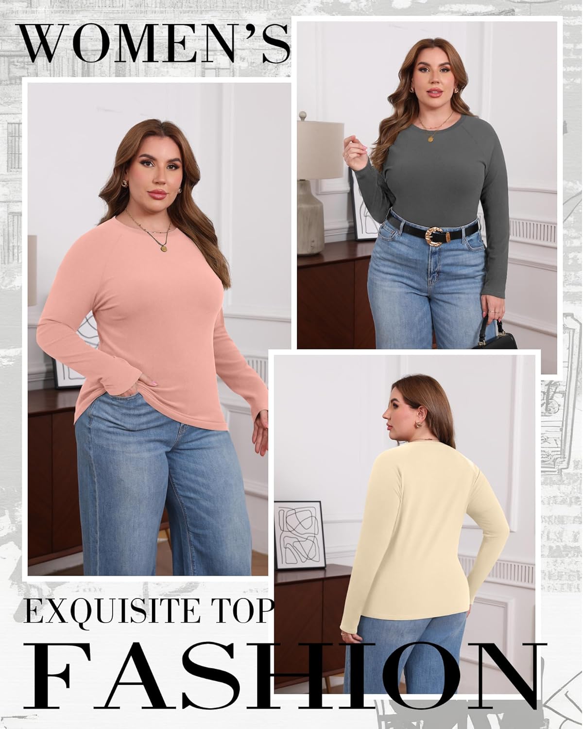 3 Pack Women's Plus Size Thermal Shirts Raglan Sleeve Crew Neck Fleece Lined Tops Long Sleeve Base Layer Underwear - Image 5