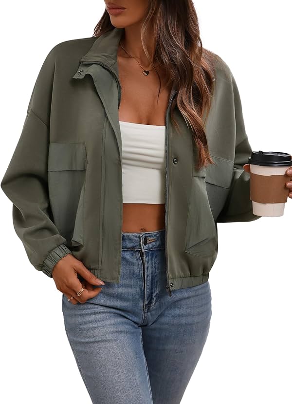 Chaqueta safari oversize cropped para mujer FLYCURVY, con cuello alto, mangas largas, utilitaria tipo anorak con bolsillo